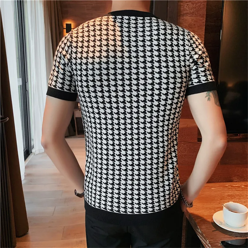 Luxury Men Autumn Slim Knitted Tshirt 2024 New Houndstooth O-neck Short Sleeve Top Tees Streetwear Social Club Casual Tee Shirt