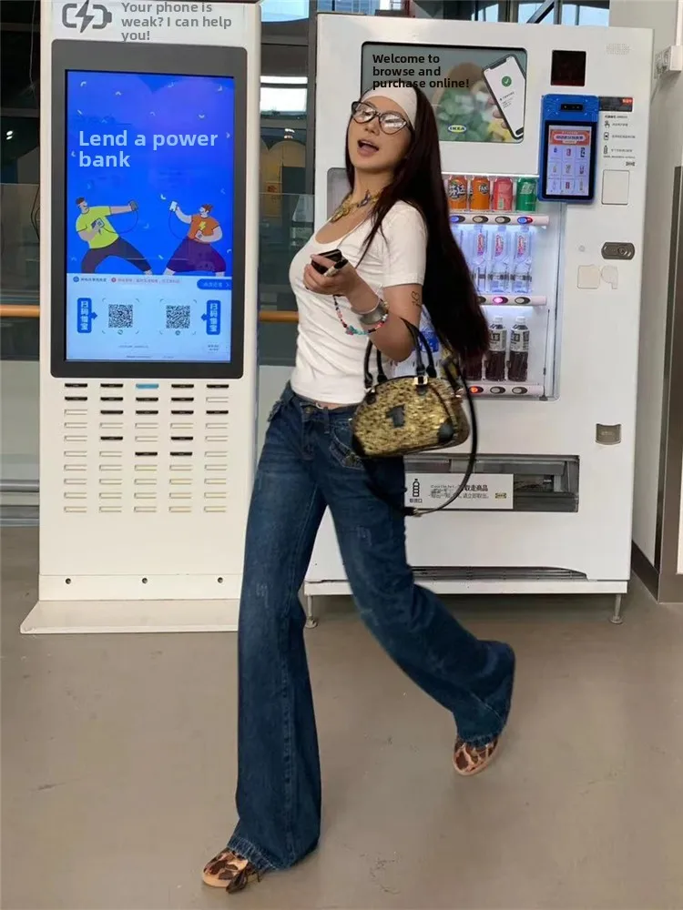 

Ретро джинсы-клеш с низкой талией для женщин, весенне-осенние, длинные, свободные, стройнящие, в пол, сексуальные, широкие, джинсовые