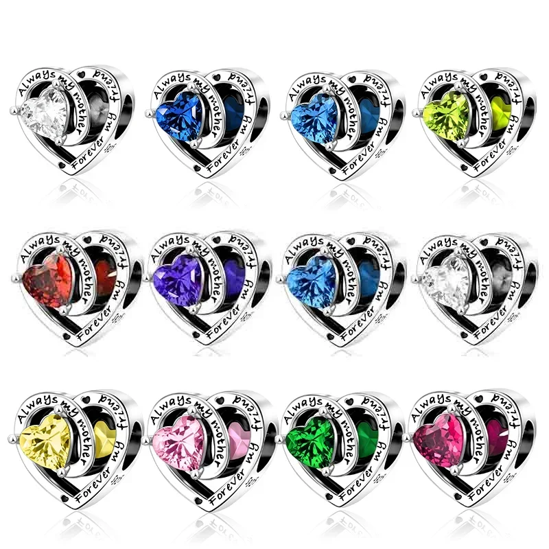 Sterling Silver 925 Heart Charms Month Birthstone Series Beads Fit Original Bracelet for Women Diy Fine Jewelry Making Gifts