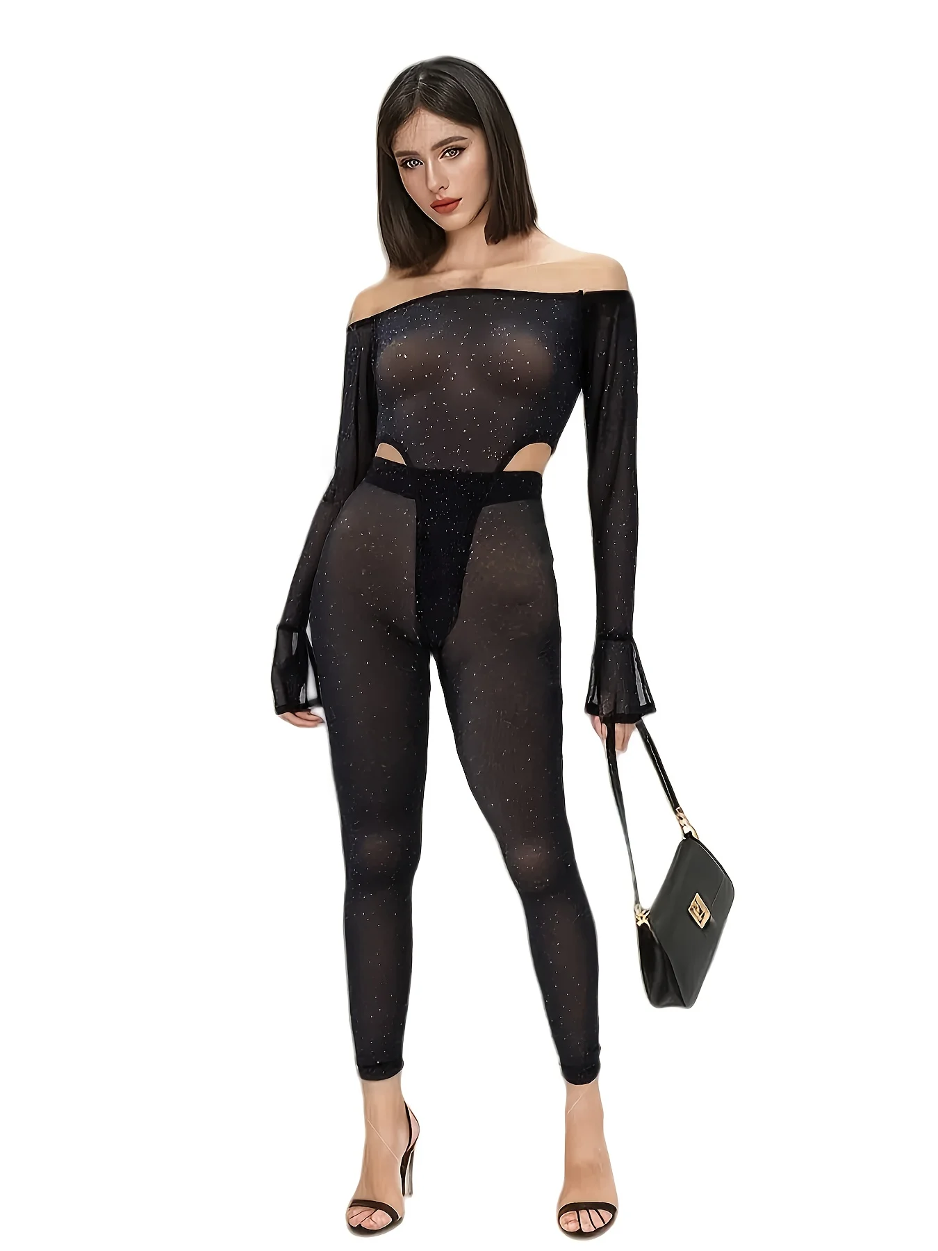 Woman‘s Gold Spattered One Shoulder Flare Sleeve Long Pants Sheer Suit For Beach Party Night Out Club Wear