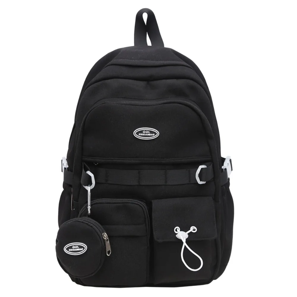 Multi-pocket Sports Backpack Nylon Large Capacity Students Schoolbag with Small Bag Solid Color Travel Backpack for Teenage