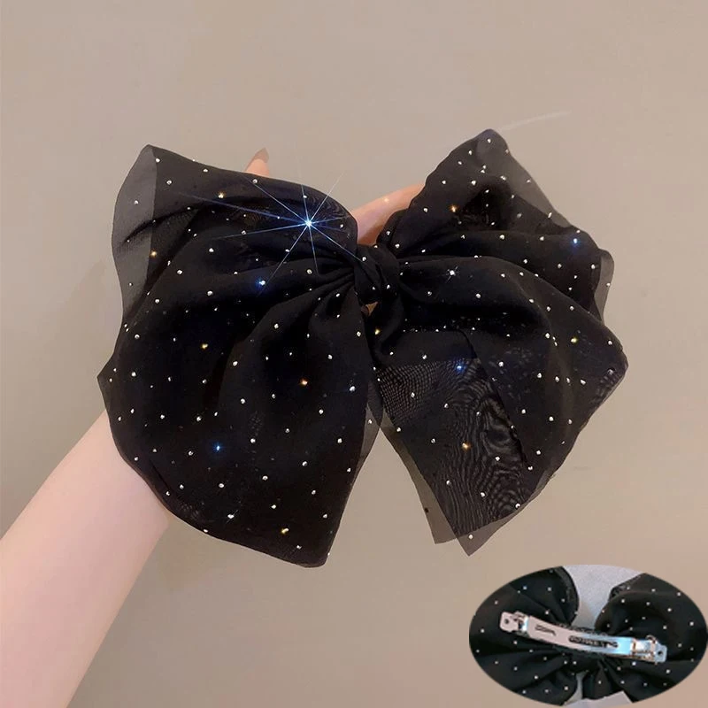 1/2pcs Rhinestone Black and White Mesh Large Bow Hair Clip for Woman Elegant Hairpin Fashion Girl Duckbill Clip Hair Accessories view 5