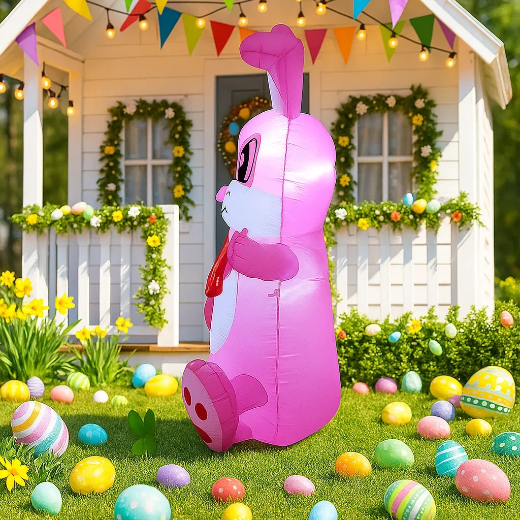 Wesołych Świąt Wielkanocnych! Nadmuchiwane zabawki 1,5 m / 5 stóp Różowy Królik Baner Dekoracyjny z Wbudowanym Oświetleniem LED Model Ozdoba na Zewnątrz do Ogrodu na Imprezę