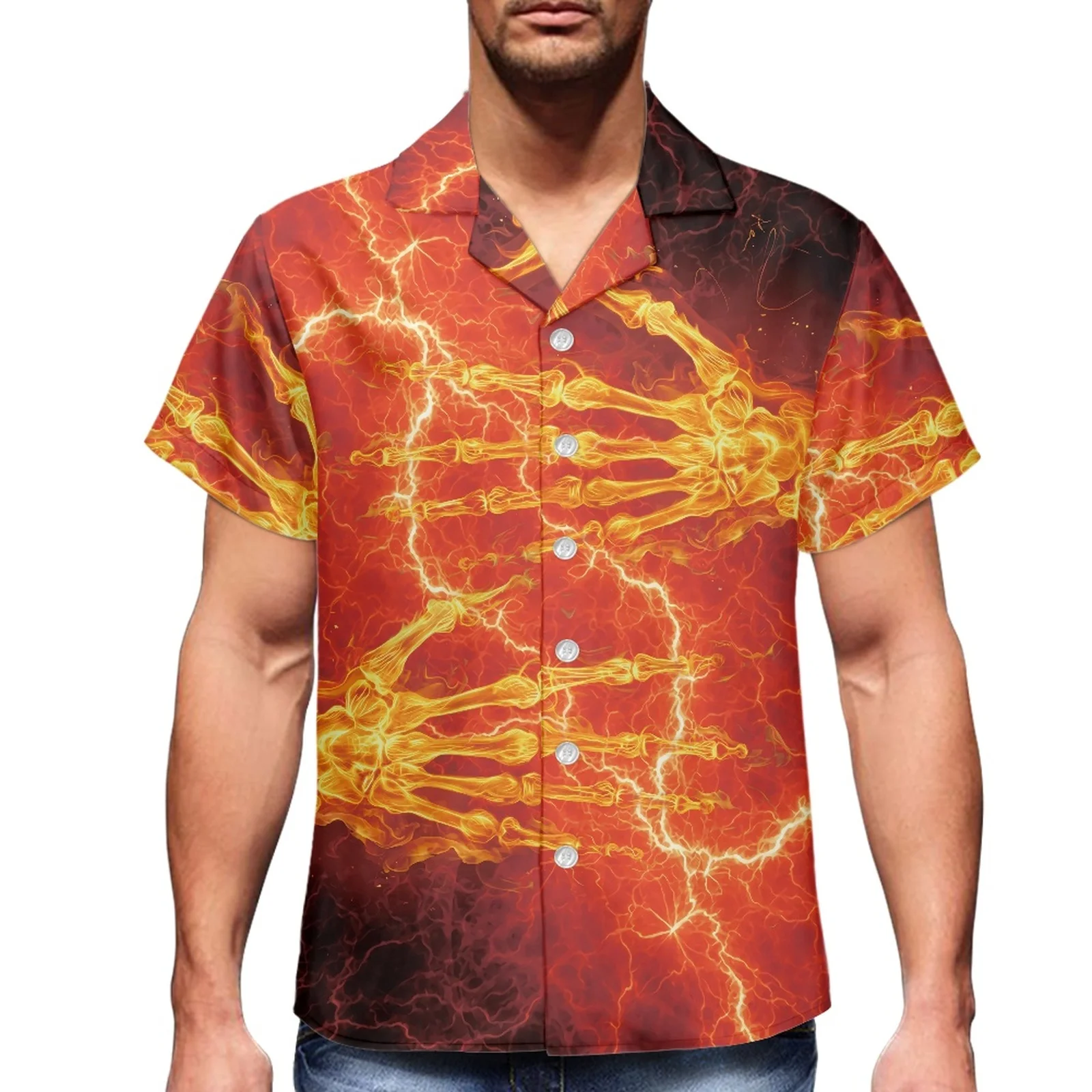 

Bone Hand Flame New Logo Print Beach Hawaiian Luxury Men's Shirt Sport Travel Men's Stylish Slim Shirt V-Neck Short Sleeve