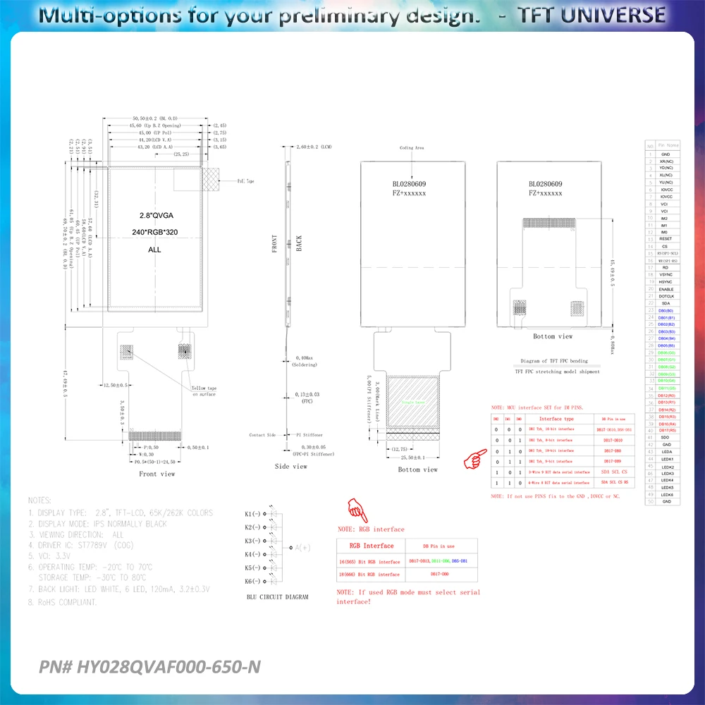 Tela lcd protrait 240x320 de 2.8 polegadas, interface mcu/spi/spi + rgb, todos os ângulos de visão, display ips, brilho 650nits, controlador st7789