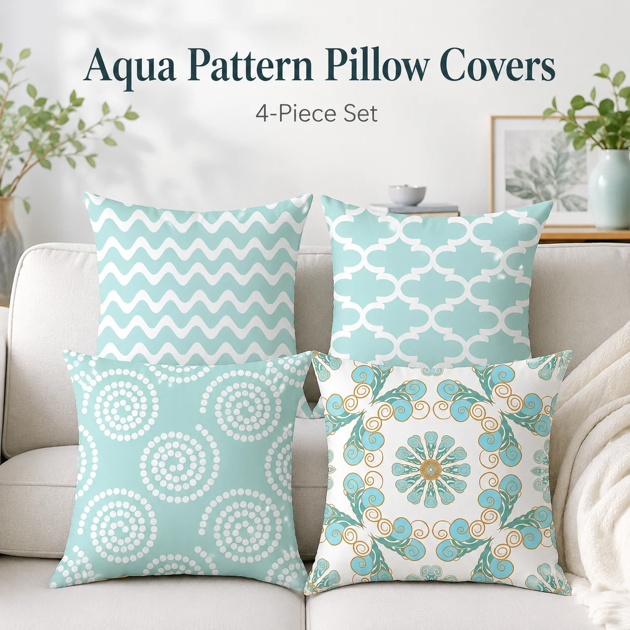 

4Pcs Bohemian Aqua Pattern Cushion Covers 2D Flat Printed Peach Skin Coussin Pillowcase Pillow Cover Room Decor For Sofa