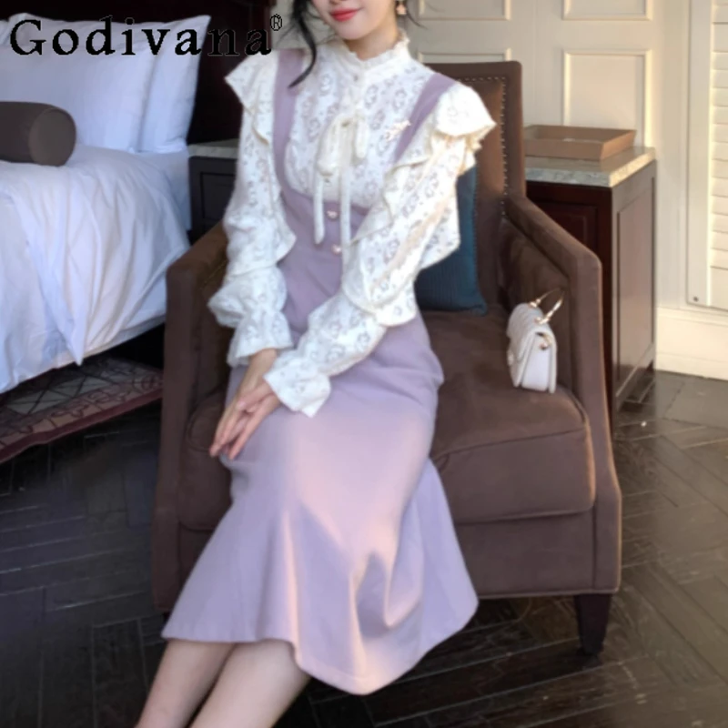 

Autumn Large Size French Retro Lace Ruffles Fake Two-piece Dress Girl High Waist Purple Temperament Stand Collar Court Dresses