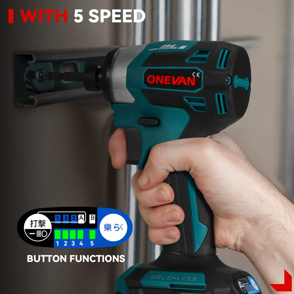 ONEVAN 600N.m Brushless Electric Screwdriver 5-Speed Cordless Electric Impact Driver Kit Cordless Drill for Makita 18V Battery