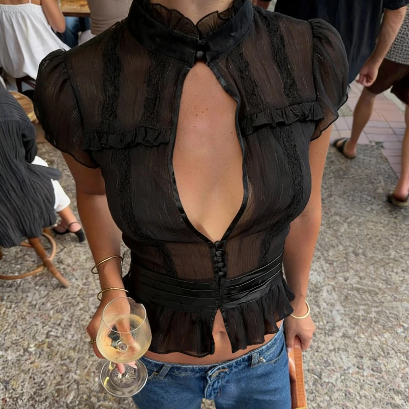 2026 Spring New Sexy Hollow High Neck Chiffon Micro Transparent Slim Short Sleeve T-shirt Top