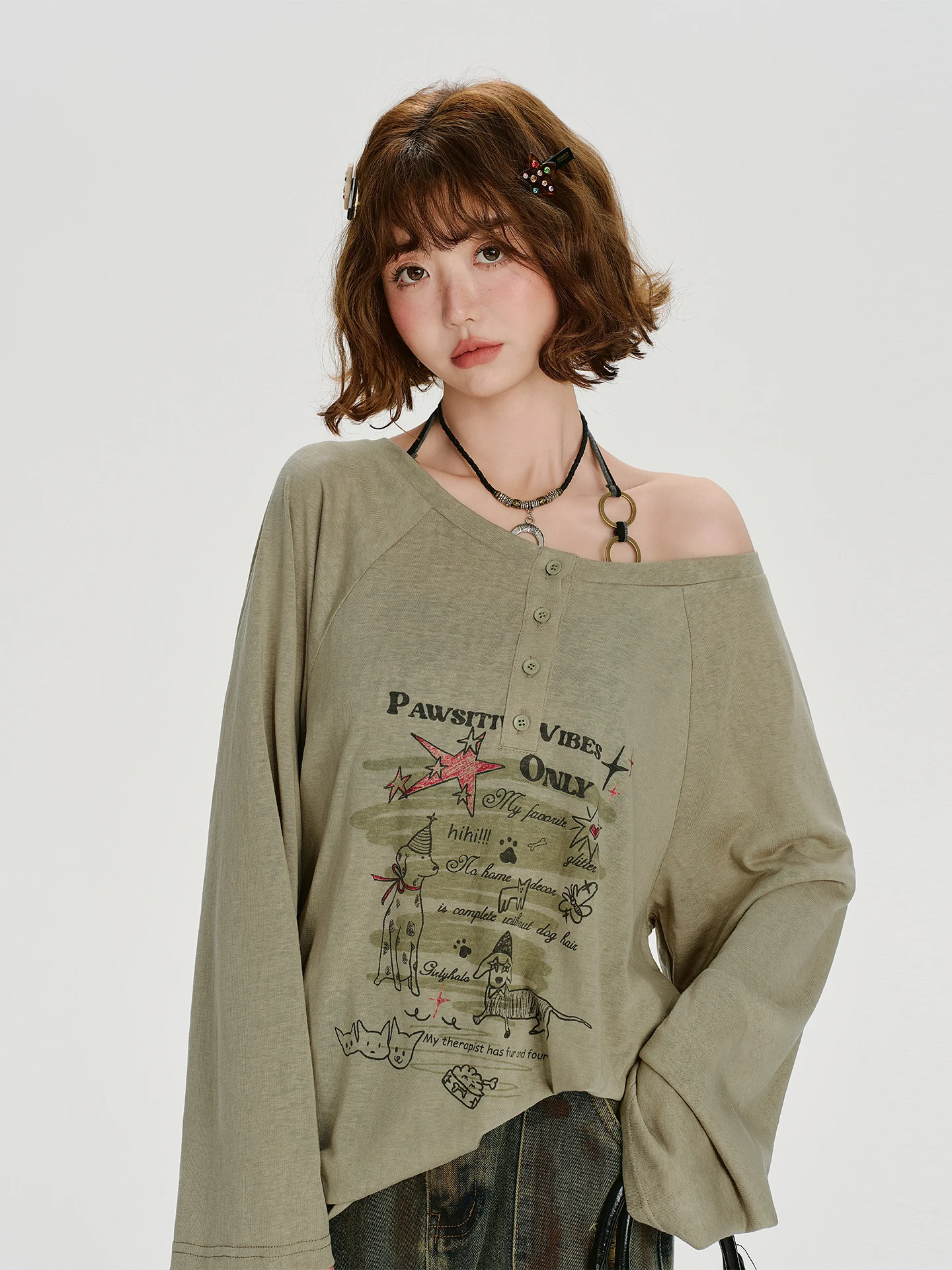 

Girly American Retro Print Asymmetrical oulder Long Sve T-irt Women's Inner Strap Two-Piece Set Top for Autumn