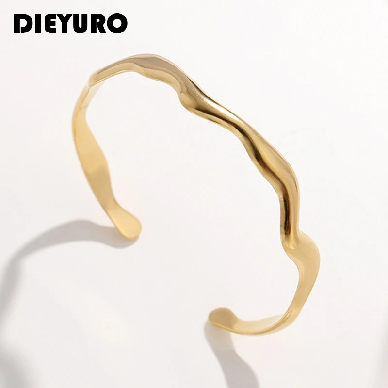 DIEYURO 316L Stainless Steel Wavy C-Shape Cuff Bracelet For Women Girl New Trend Adjustable Bangle Jewelry Gifts Party Pulsera