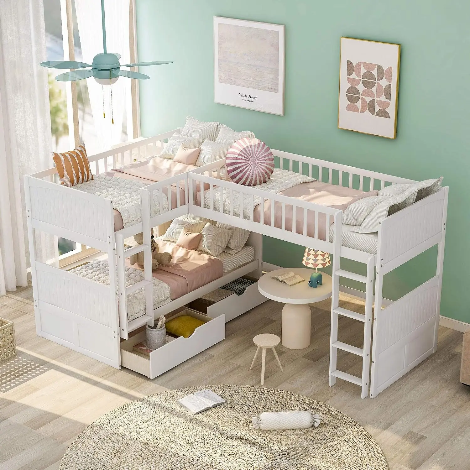 Triple Twin-Over-Twin-Over-Twin L-Shaped Bunk Bed with 2 Drawers & 2 Ladders No Box Spring Needed, Customized