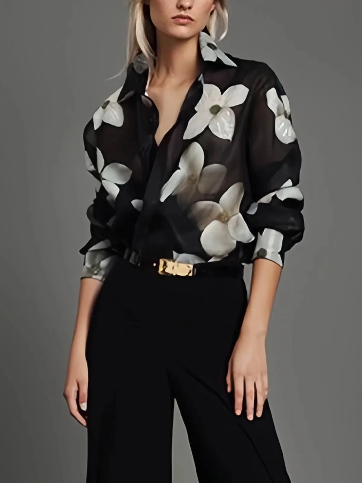 Spring Summer Long Sleeves Loose Floral Printed Lapel Blouses 2024 New Casual Button Office Shirts For Urban Lady