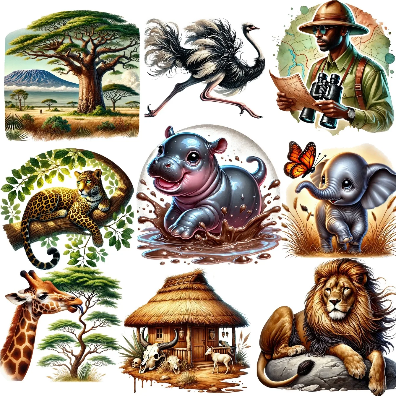 

1 Set Lovely Watercolor African Animal Baobab Tree Stickers Vintage Waterproof for Photo Album Stationery Scrapbooking Diy