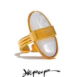 Yhpup Luxury Natural Shell Stainless Steel Geometric Open Ring Gold Color 18K PVD Plated High Quality France Finger Jewelry