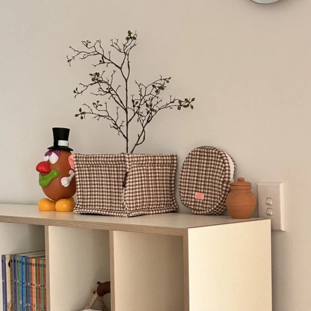 Borsa per cosmetici rotonda Ins Borsa per cosmetici scozzese in stile coreano di grande capacità Borsa per monete Borsa per cancelleria Portamonete in cotone da viaggio