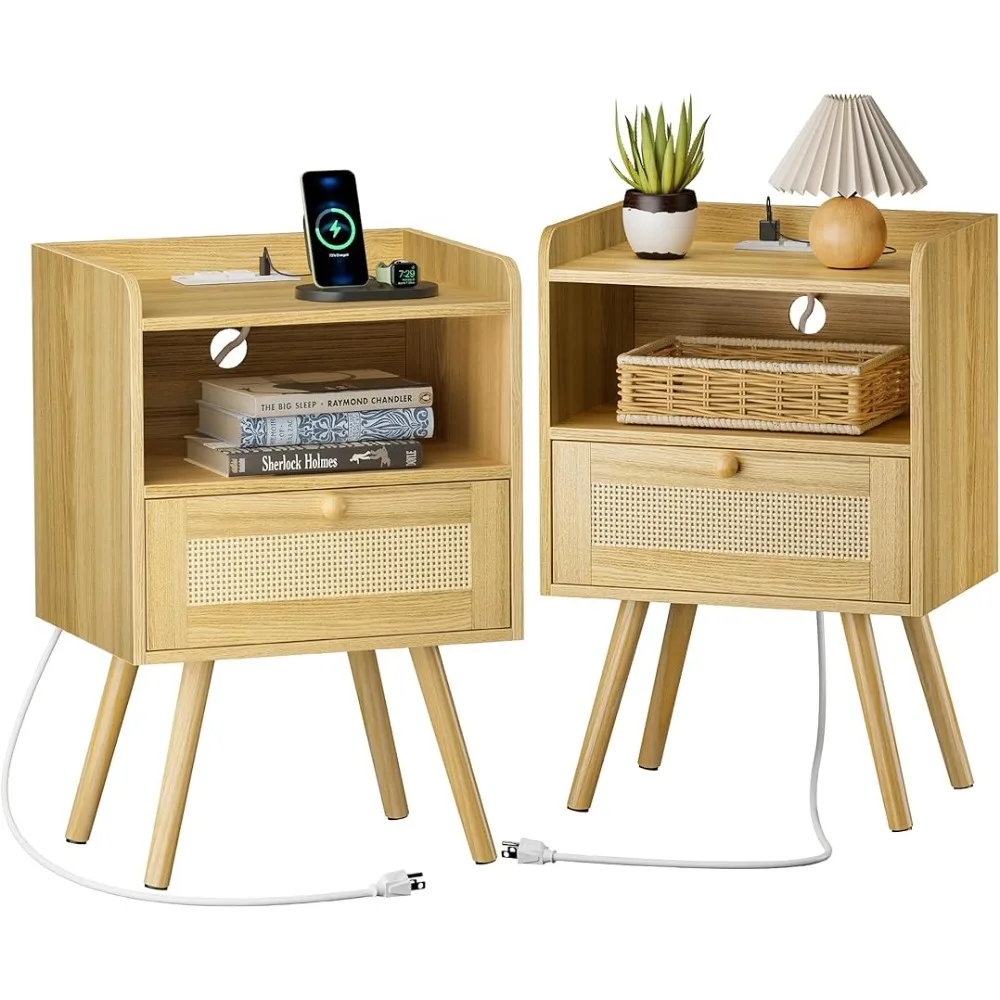 

Nightstands Set of 2, Night stands with Charging Station & PE Rattan Decor Drawer,Bed Side Tables with Solid Wood Feet,End Table