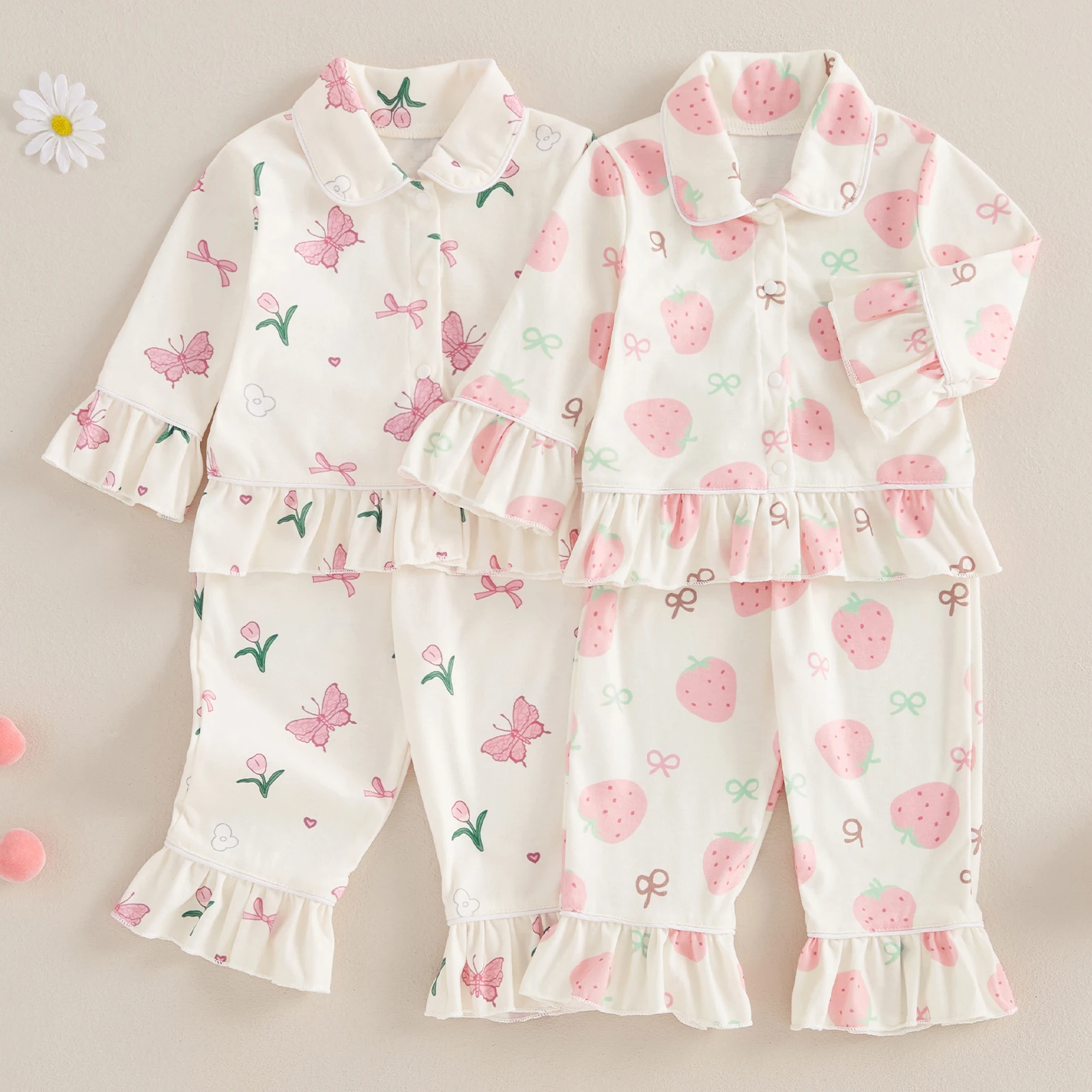 Baby Girl 2Pcs Pajama Set Strawberry/Butterfly Print Long Sleeve Tops + Pants Set Toddler Loungewear