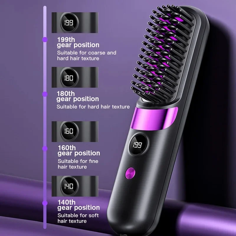 1Pc USB Charging Portable Hair Straightener Brush, Cordless Straightening Comb LED Display & Ceramic Coating, Ionic Technology