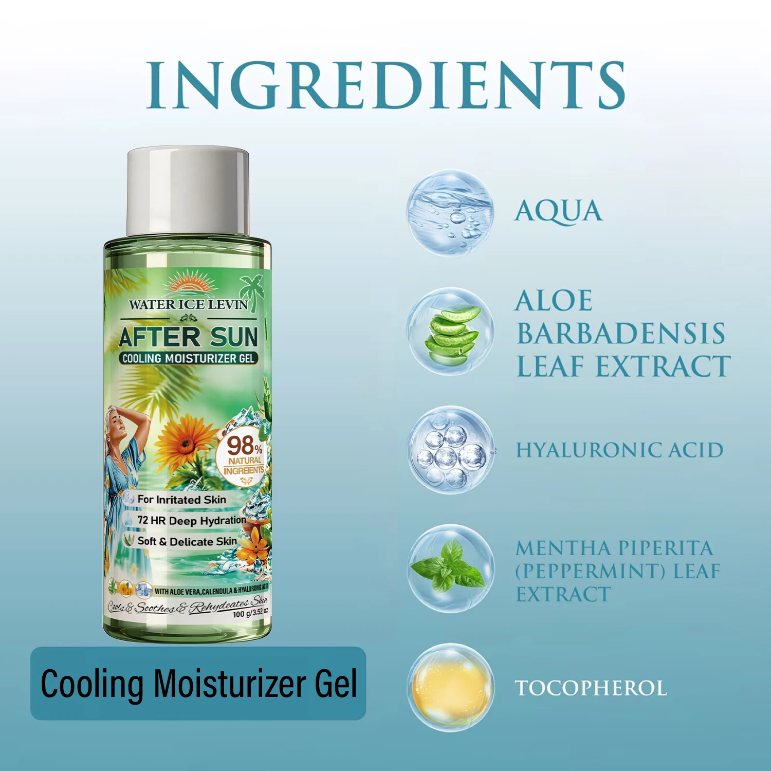 After Sun Cooling Moisturizer Gel WATER ICE LEVIN 100g, Collagen Vitamin E Gentle Hydrating Skin Care Gel