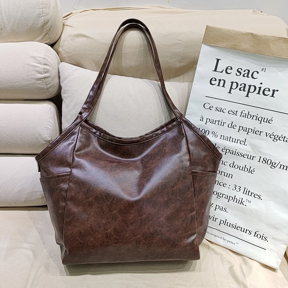 Sac fourre-tout en cuir rétro pour femmes, grande capacité, sac de shopping, épaule décontracté, fourre-tout élégant, bourse marron