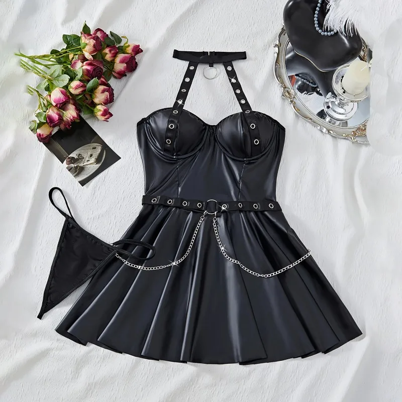 

Женский комплект нижнего белья с вырезом, металлическое кольцо, цепочка с лямкой на шее, мини-кожаное платье Babydoll со стрингами, комплект из 2 предметов