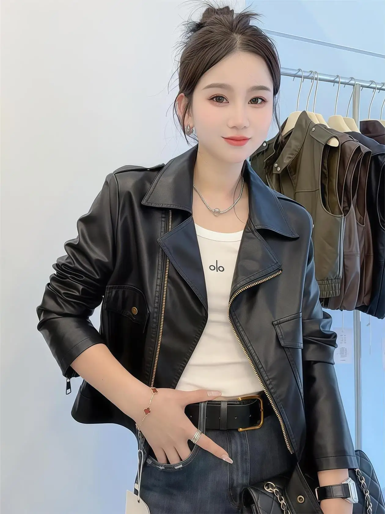 

Модная повседневная кожаная куртка для женщин, весенне-осеннее свободное пальто из искусственной кожи на молнии, прямого кроя, укороченное