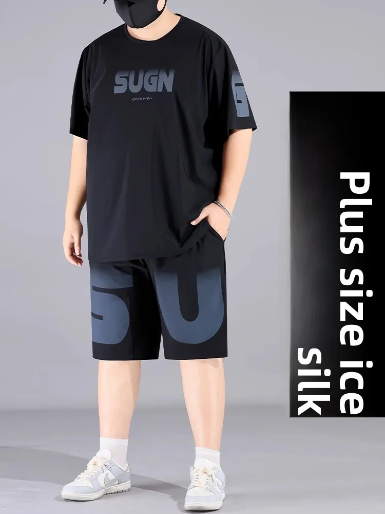 

plus Size Ice Silk ort Sve Set Men Summer 2025 New Thin Breathable Casual Sportswear Polyester Fiber T-irt orts