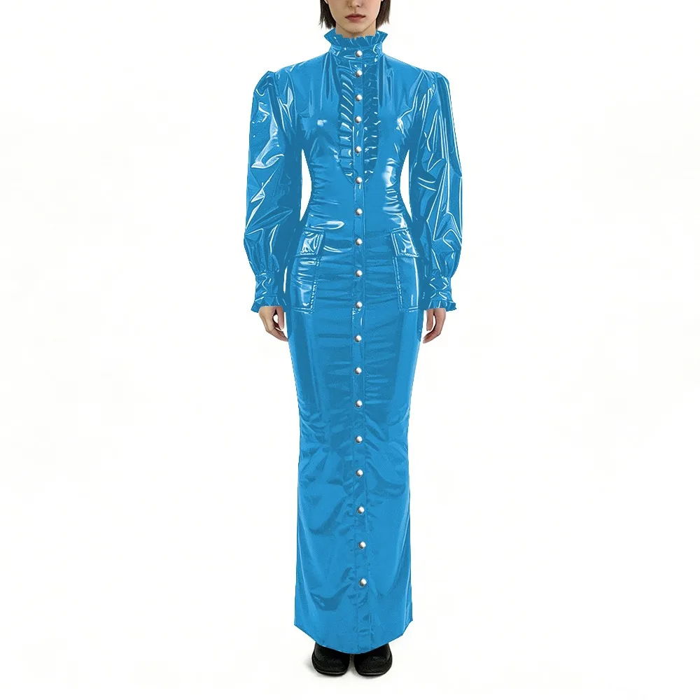 Vestido largo de PVC brillante para mujer, talla grande, con mangas abullonadas, botones, estilo bodycon, para fiesta gótica.