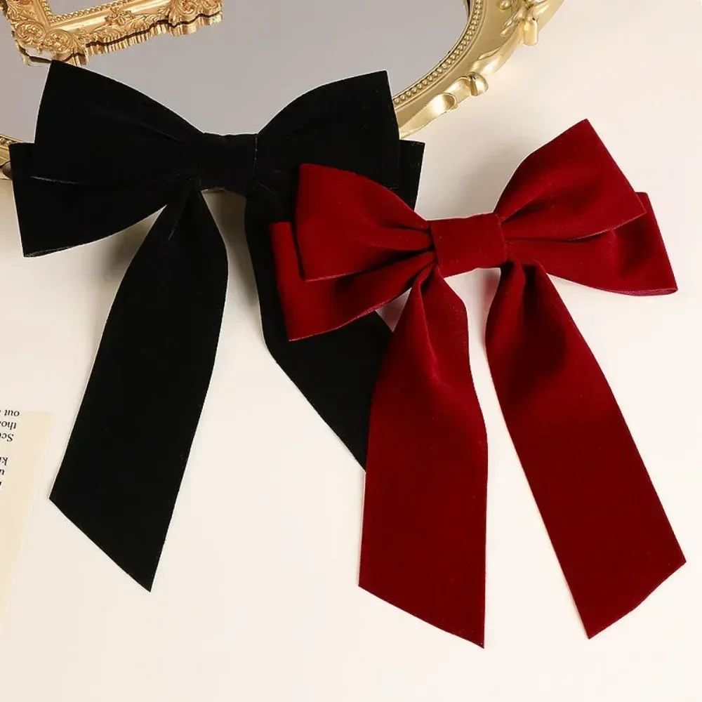 

Girls Black Red Big Velvet Bow Hair Clip for Women Vintage Wedding Long Ribbon Korean Hair Pin Barrette Fashion Hair Accessories