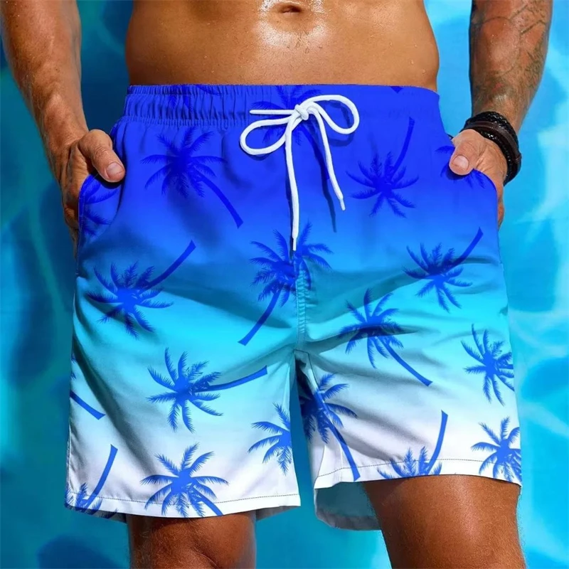 Summer Gradient Coconut Tree Print Beach Short Hawaiian Tropical Style Leisure Surf Swim Trunks Quick Dry Fashion Board Shorts