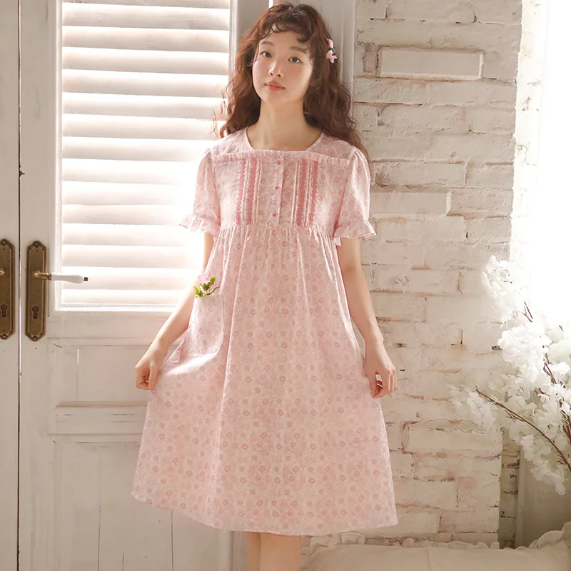 Sweet Floral  Cotton Round Neck Nightgowns For Women  Short Sleeve Loose Elegant Nightwear