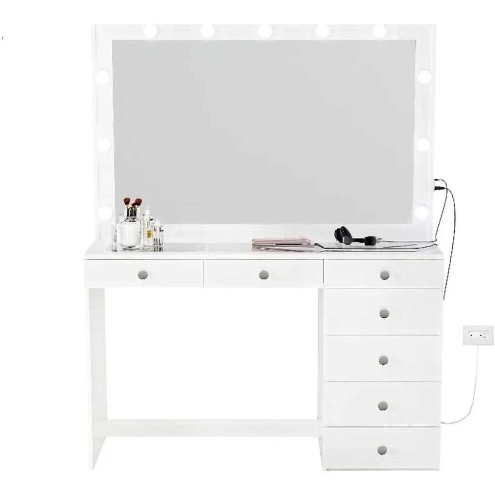 Modern Vanity With Lights Furniture Makeup Dressing Table With Mirror Basic Knobs Glass Top 7 Drawers Bedroom Home Freight free