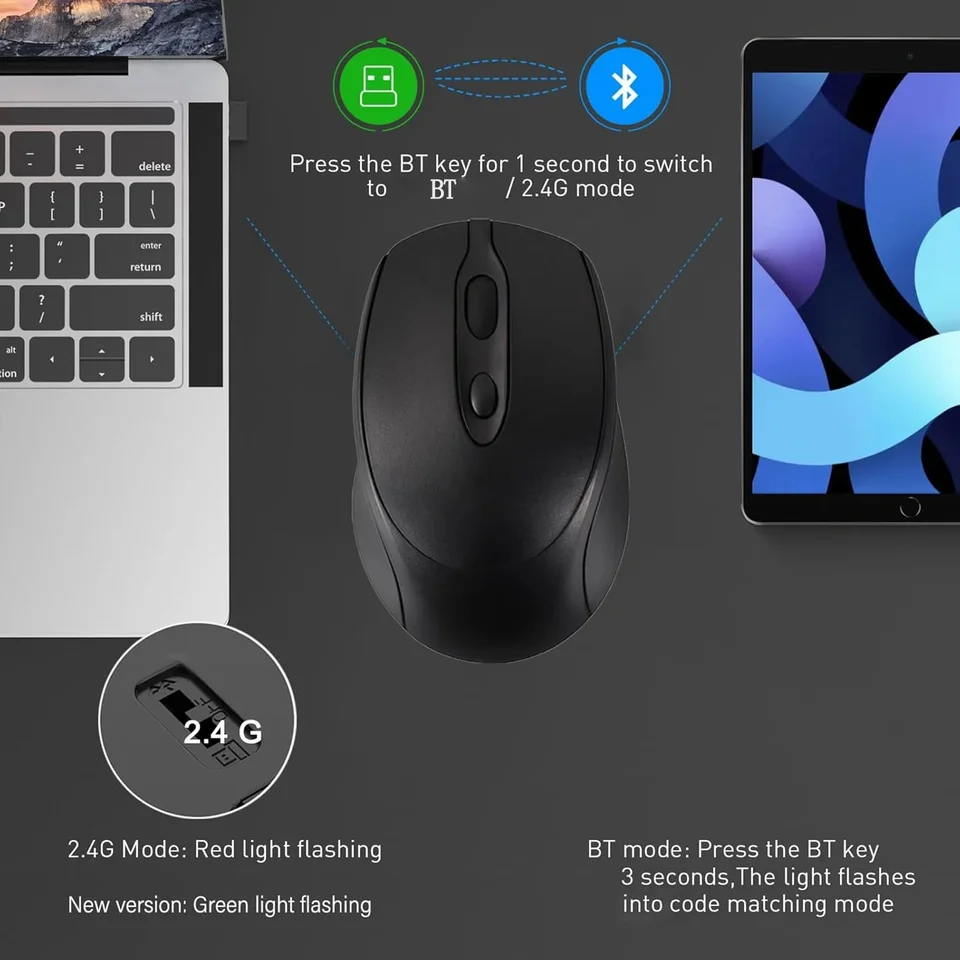 Mouse Inalámbrico Dual Mode Bluetooth y 2.4G Recargable, Portátil para Laptop/iPad/Tablet 2