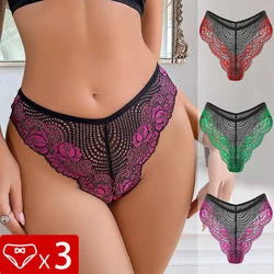 3pcs Plus Size Embroidery Underwear Sexy Lace Women Panties Hollow Out Mid Waist Comfortable Female Briefs Perspective Lingerie