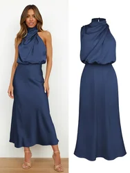 Summer Luxury Sleeveless Silk Satin Long Dress Women Elegant Off Shoulder Celebrity Evening Dress Partywear Lady Trumpet Dress