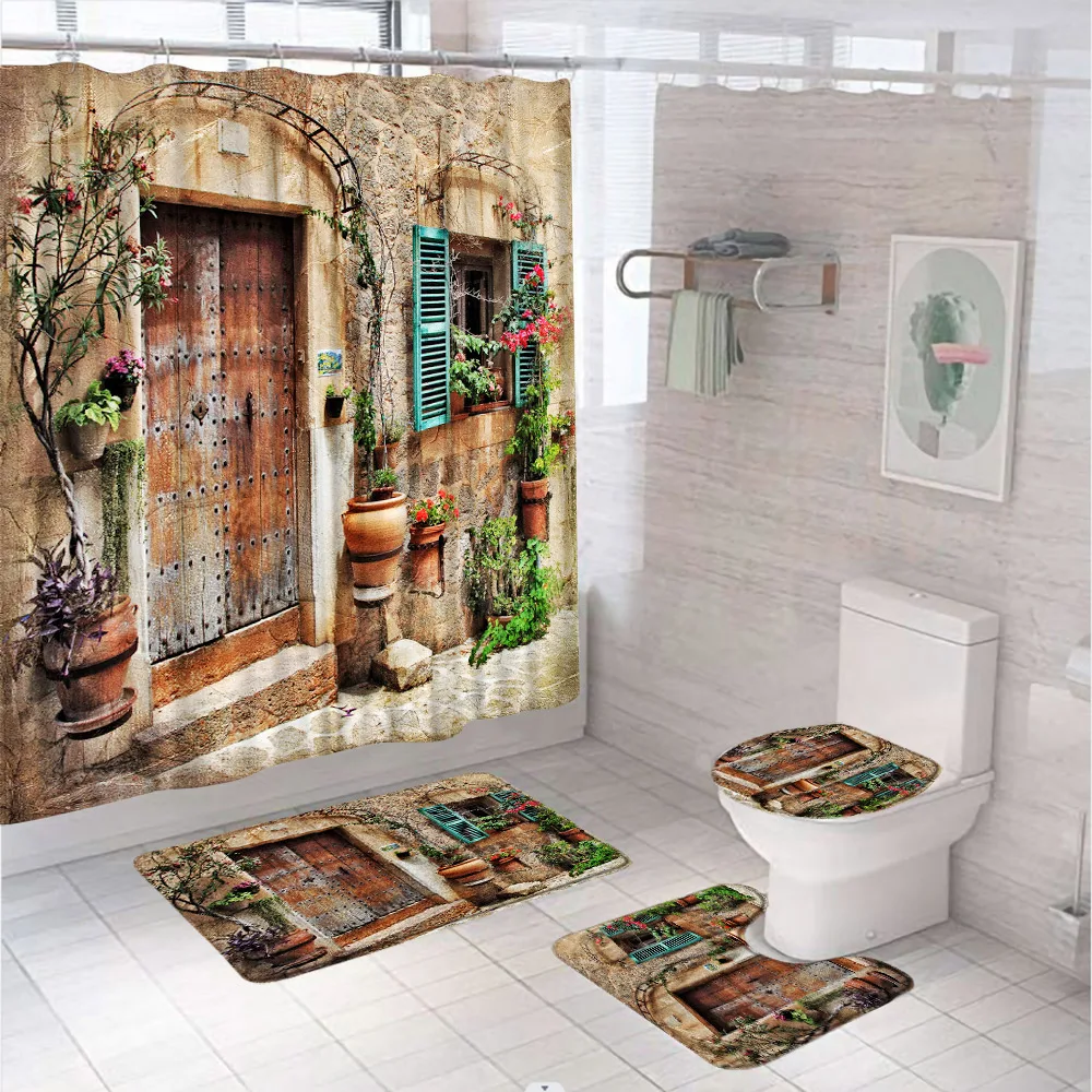 

Italy Vintage Flower Street Shower Curtain Set Retro Historic Building Window Door Bathroom Screen Rug Toilet Lid Cover Bath Mat