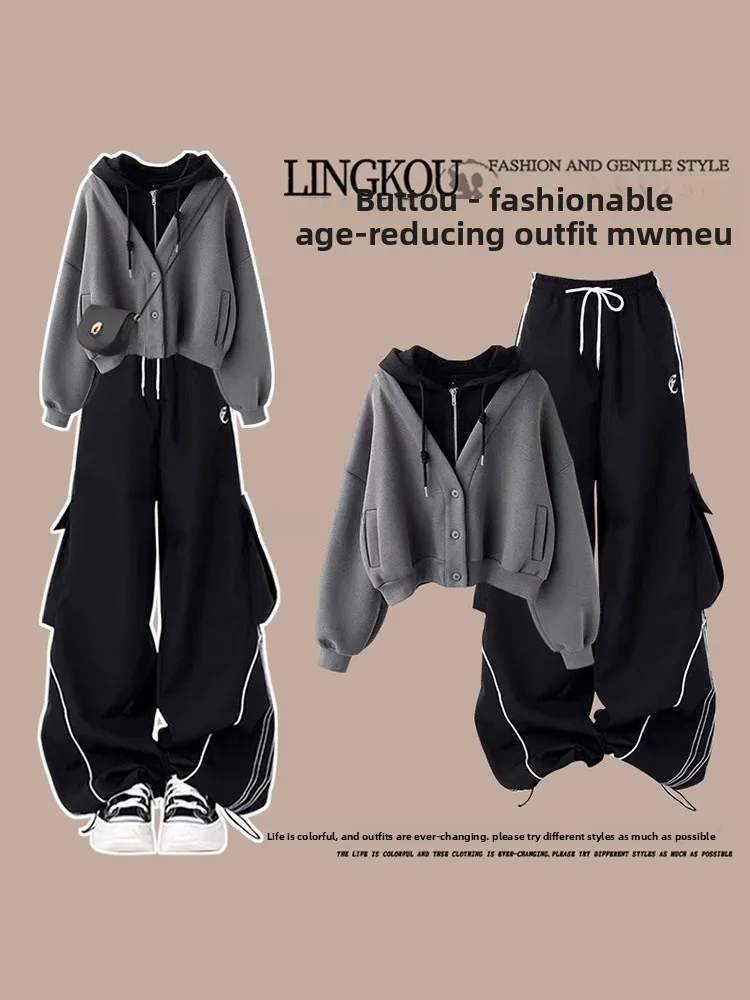 

plus Size Spring Autumn Casual Sportswear Set Women Anti-Aging Fake Two-Piece Hoodie High Waist Slim Wide Leg Pants Two-Piece...