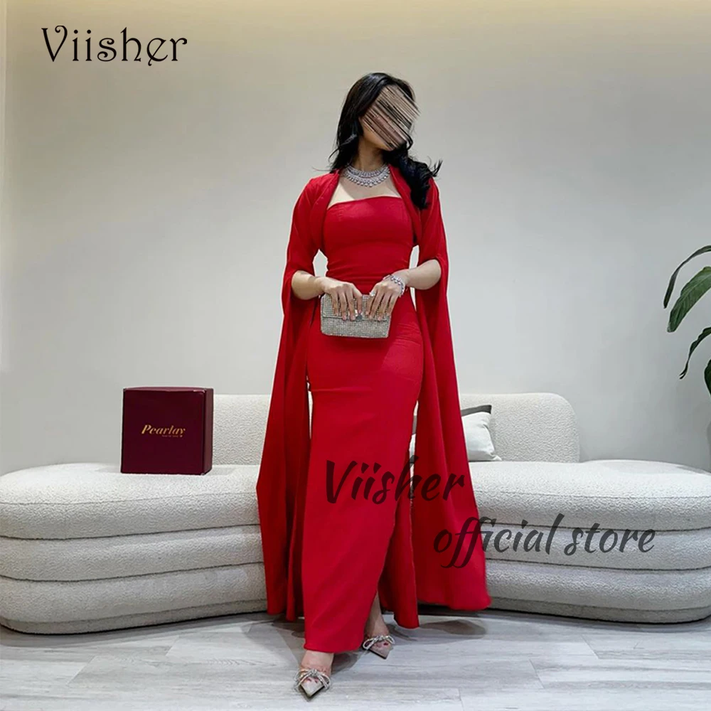 

Viisher Red Mermaid Evening Dresses with Cape Arabian Dubai Wedding Party Dress Spandex Satin Long Formal Prom Gowns