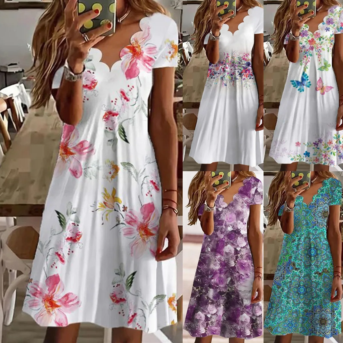 

2023 Summer New Women's Printed Wavy Neck Short Sleeve Midi Dress Casual Commuter Party Elegant Dresses Female and Lady Clothing