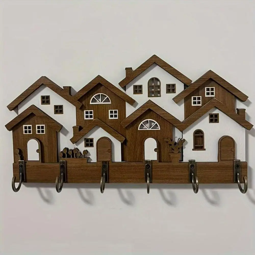 Gifts Wood Wooden Key Holder 2D Flat Colorful Wall Key Rack Wall Mounted House Shape Decorative Key Hanger Home Wall Decor