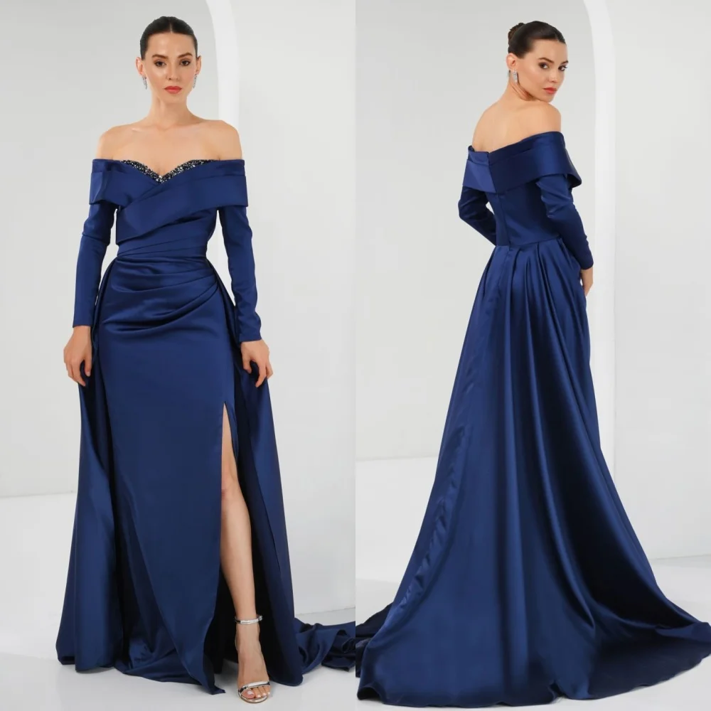 

Customized Formal High Quality Pleat Beading Sequined A-line Off-the-shoulder Long Dresses Bespoke Occasion Dresses Matching