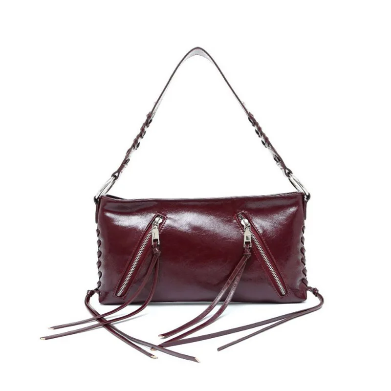 

Fashionable retro Y2K style burgundy PU leather armpit baguette luxury commuter women's French casual motorcycle zipper square b