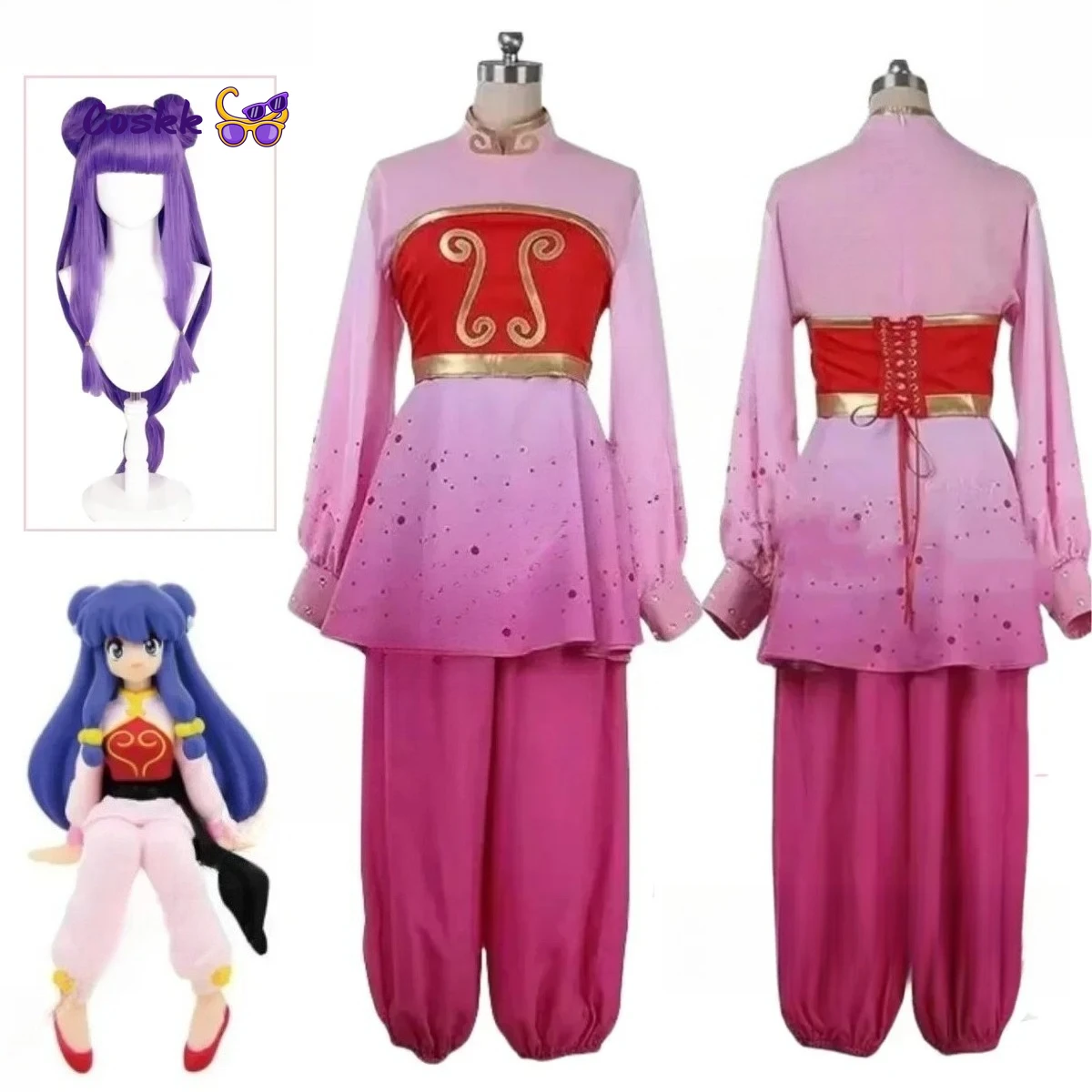 

Anime Ranma Shampoo Cosplay Costume Wig ½ Women Cheongsam Style Stand Up Collar Long Sleeves Shirt Tube Top Pants Custom Size