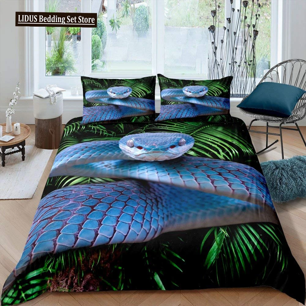 

Snake Duvet Cover Set 3D Python Palm Leaf Bedding Set King Size Reptile Tropical Theme Quilt Cover For Kids Boys Girls Teens