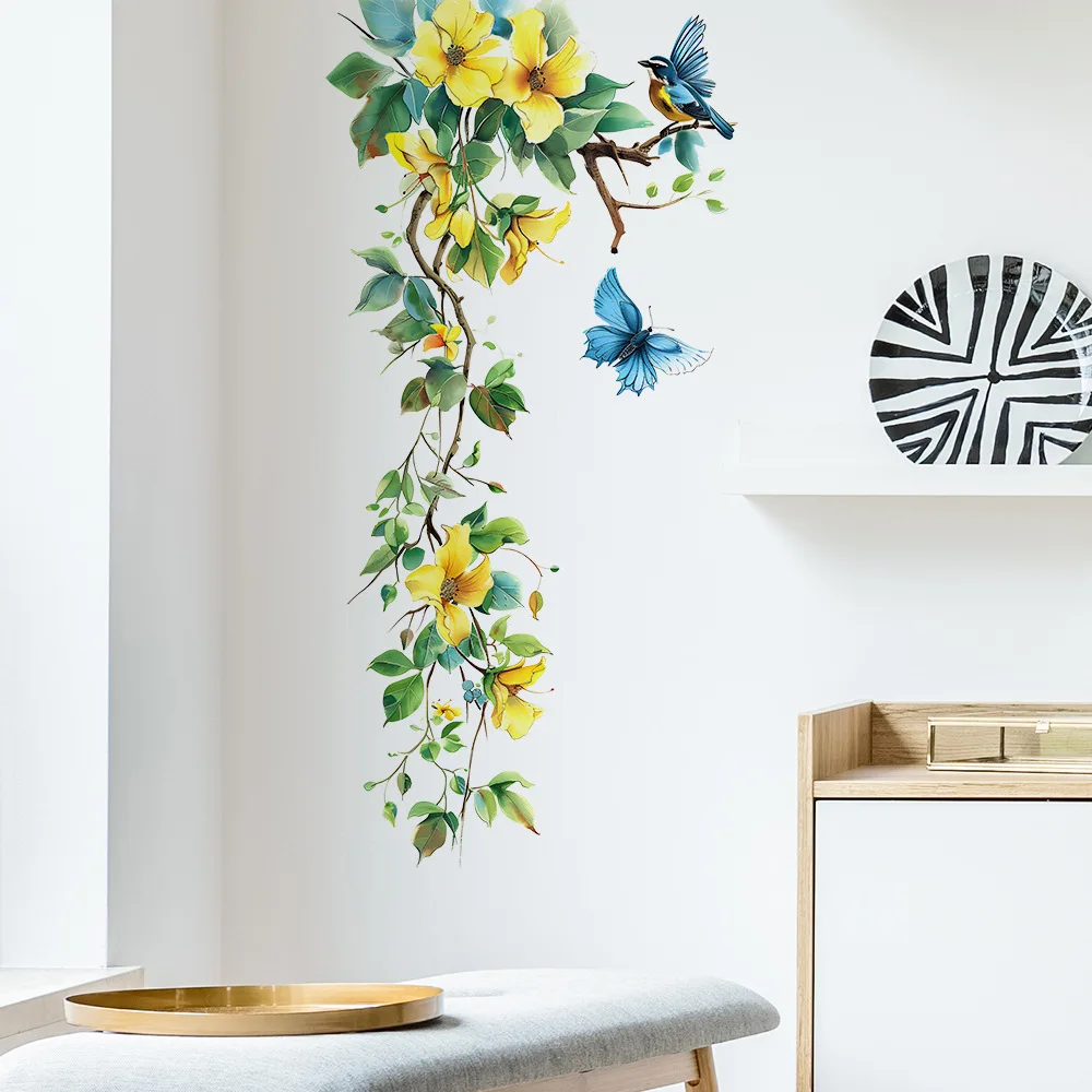 Yellow Flower Vine Butterfly Bird Wall Stickers Refrigerator Window Cupboard Home Decorations DIY Home Decals Art Mural Posters