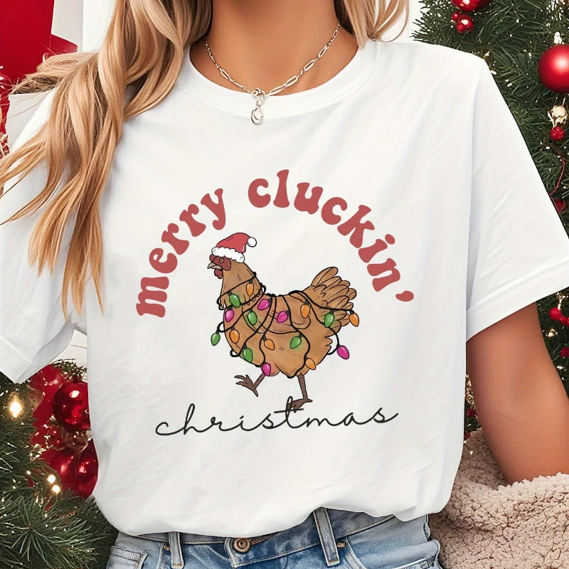 Lustiges Damen-T-Shirt mit Aufdruck „Merry Cluckin“, für Partys, lässig, Urlaubsgeschenk, T-Shirts, Bauernhoftier, Weihnachts-Atmosphäre, Baumwoll-T-Shirt