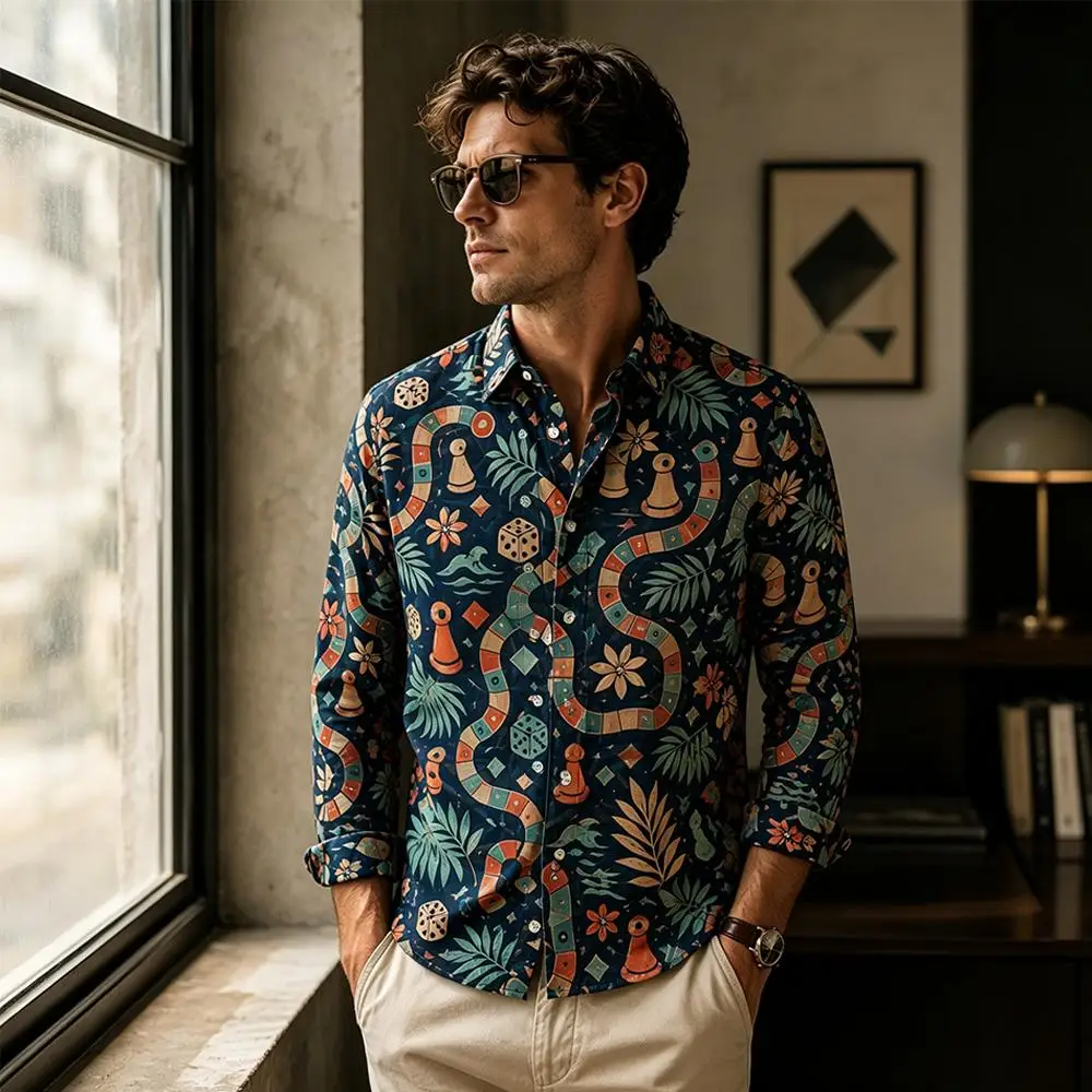 Men's Cotton Snake Print Long Sleeve Shirt Retro Flying Chess Dice Pattern Button-Up Shirts Fashion Streetwear Lapel Top