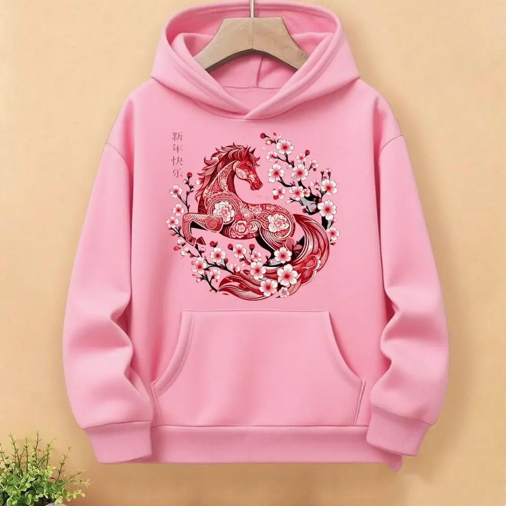 Capodanno lunare Felice Anno Nuovo Cinese del Cavallo 2026 Felpe Casual Unisex Donna Uomo Felpa con Cappuccio Spalla Goccia Pullover Casual