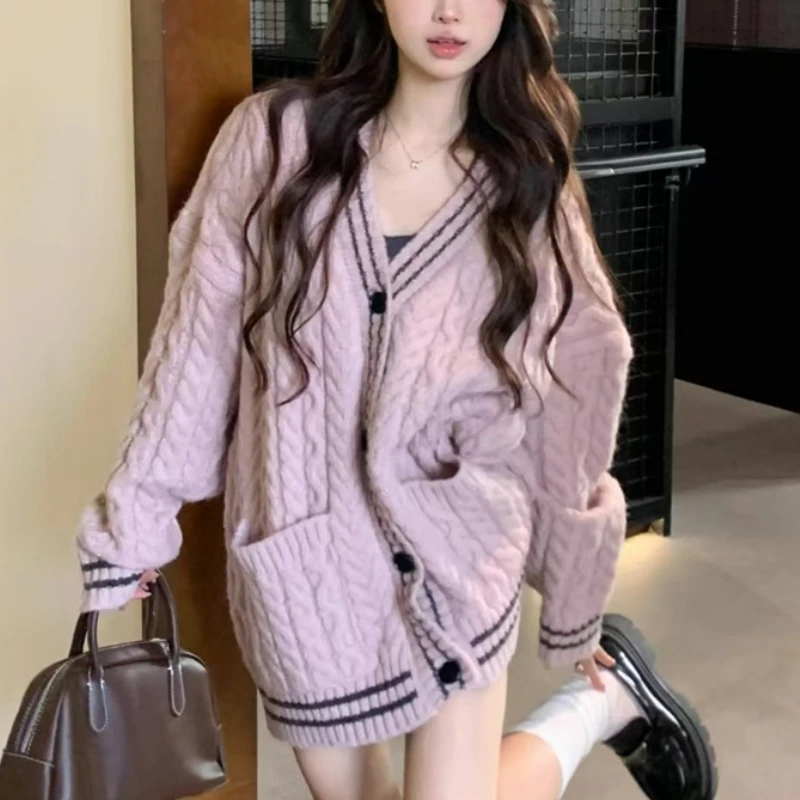 

Fashion Autumn Long Sleeve Women Cardigan Sweater Winter V-neck Button Loose Elegant Knitted Tops Preppy Style Pocket Knitwear